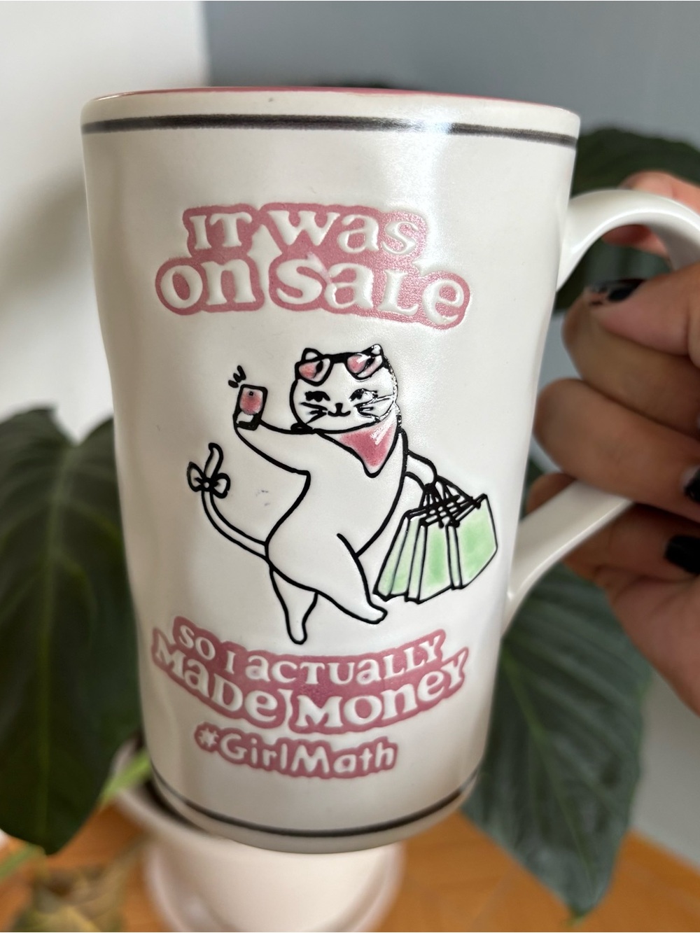 White Cat Shopping Ceramic Mug with Pink Accents